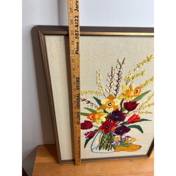 Flower floral vintage bouquet daffodils tulips crossstitch crewel art picture - Picture 4 of 9